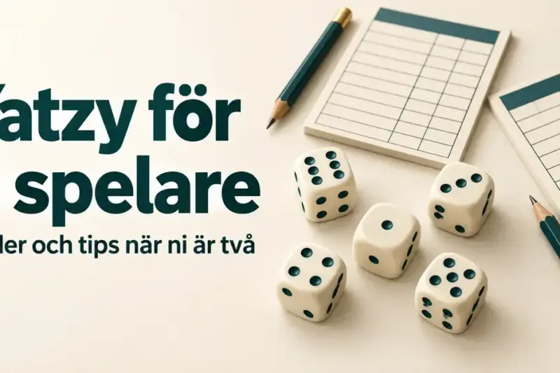 Fem tärningar, två poängblock och två pennor bredvid texten ”Yatzy för 2 spelare – Regler och tips när ni är två”.